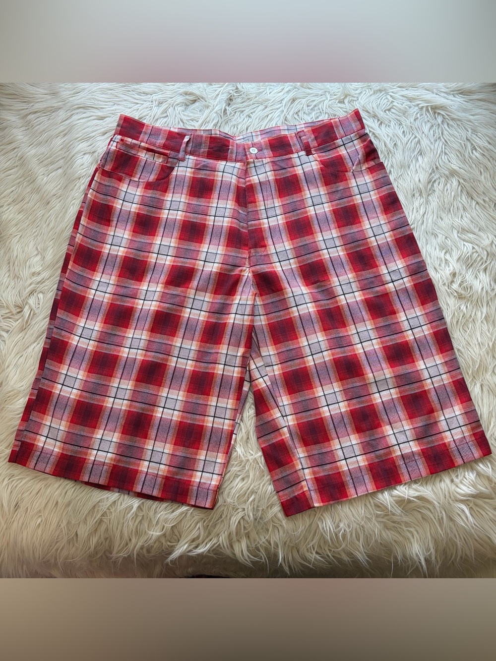 Y2K Beyond the Limit Red Orange Plaid Bermuda Shorts Size 40 Skate Hip Hop